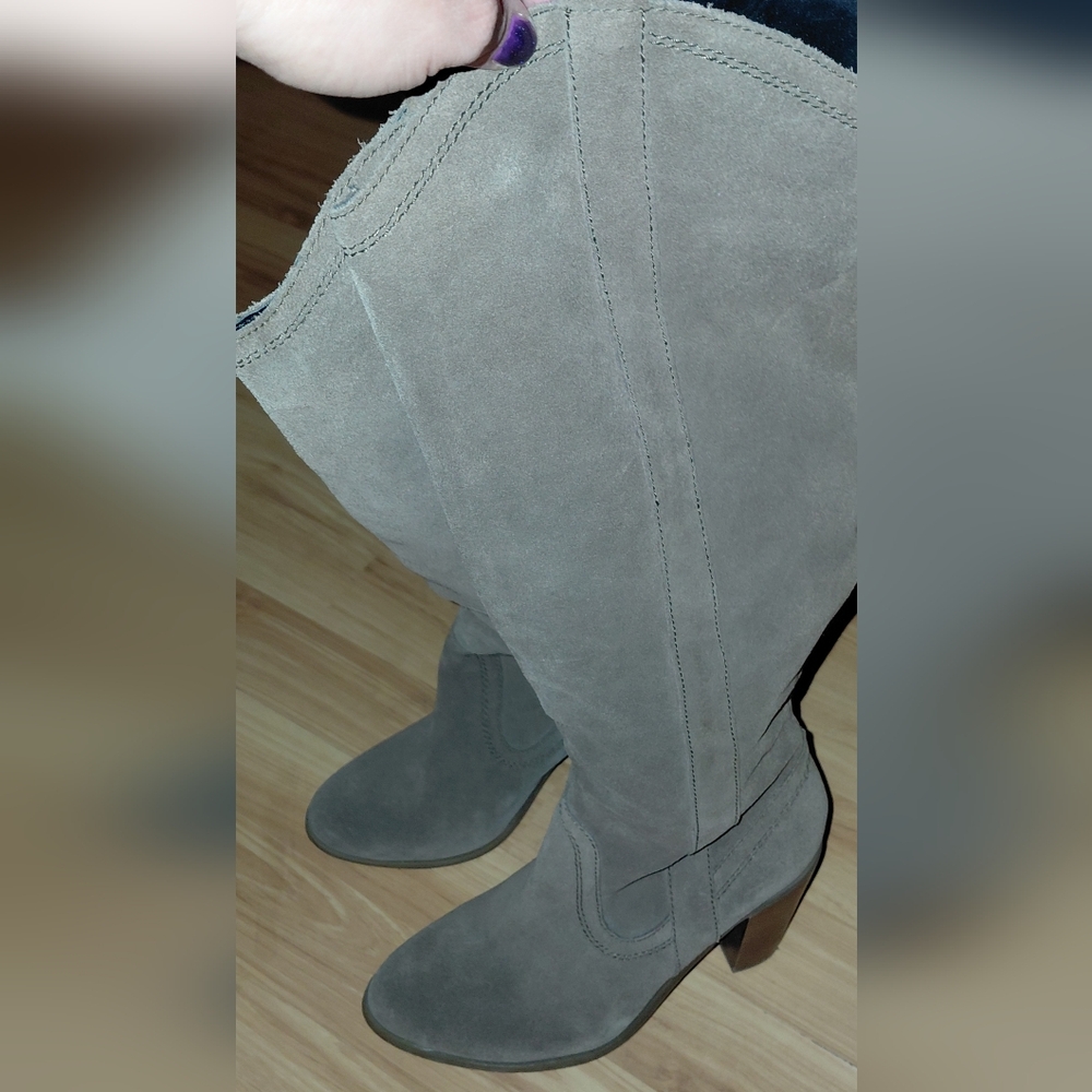 Kenneth Cole Taupe Suede Knee Boots with Block Heel - Picture 2 of 6